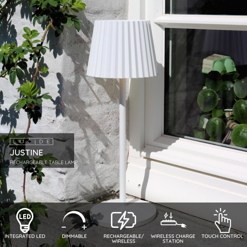 Lucide JUSTINE - Nabíjacia stolová lampa Vonkajšia - Batéria - LED Rozm. - 1x2W 2700K - IP54 - S podložkou pre bezdrôtové nabíjanie - Biela